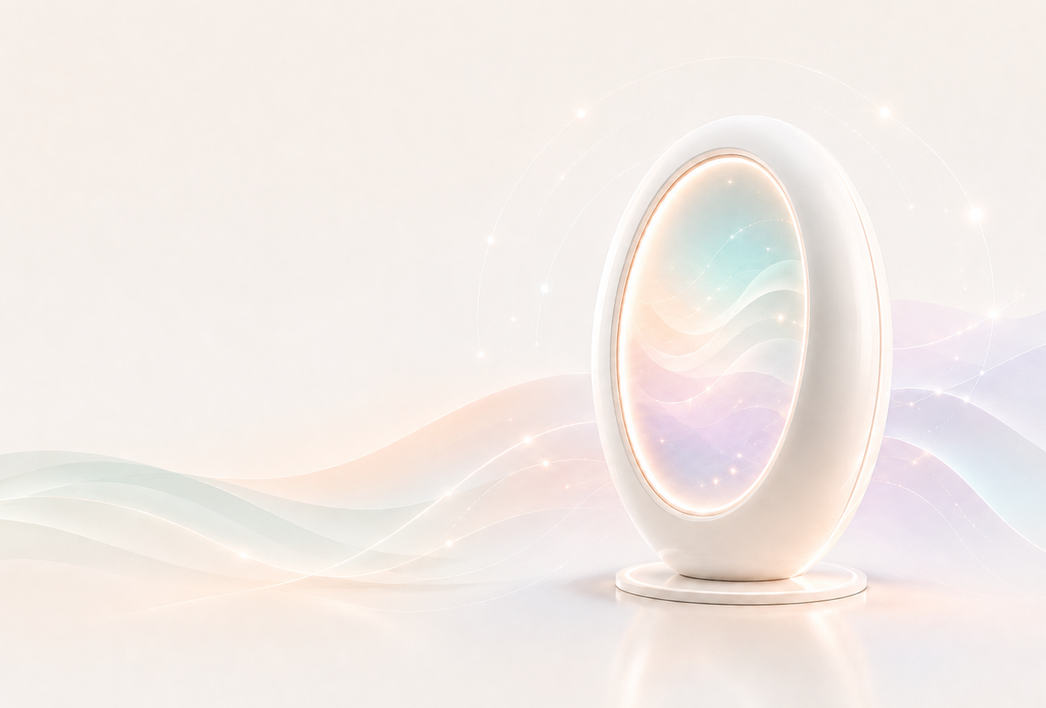 A softly illuminated oval Mempod surrounded by flowing pastel waves and points of light.